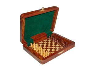 JS#14004--RECTANGULAR MAGNETIC TEAK CHESS BOX BOARD INSIDE